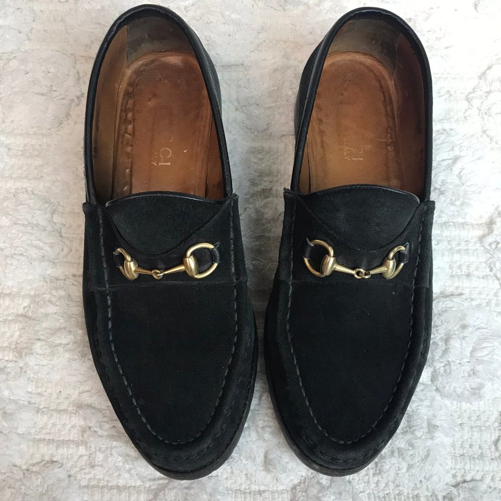 Gucci Black Suede Horsebit Loafers